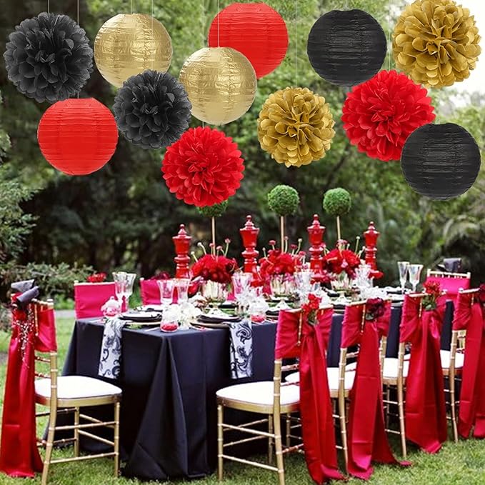 Red-Black Gold Party-Decorations Paper Flowers Lanterns - 15PCS Casino Theme Halloween Tissue Pom Poms Streamers,Game Night Women Men Birthday Wedding Bachelorette Hanging Supplies Decor Hugfond