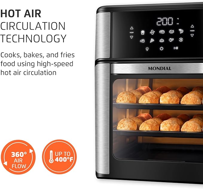 Air Fryer Oven 1800W, 12.7QT Capacity, Touchscreen Panel, Automatic Shut-Off – Black & Stainless Steel – Mondial