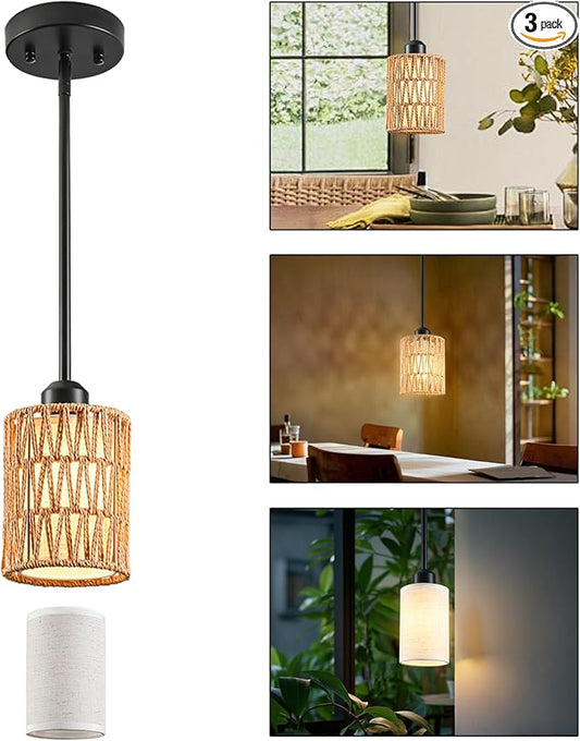 Pendant Light Boho Hanging Lamp, Rattan Hanging Lights with 2 in 1 Linen & Woven Shade, Ceiling Light Fixtures for Kitchen Island, Dining Room, Farmhouse, Bedroom (1 Pack)