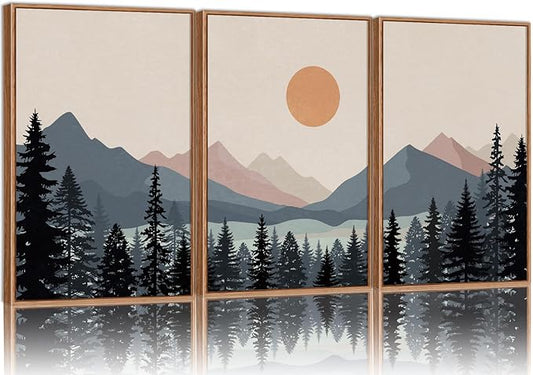 Tinonedraw Boho Mountain Framed Canvas Wall Art Set of 3, Watercolor Nature Landscape Art Prints, Modern Sunrise Art Paintings, Black Pines Tree Forest Wall Decor for Living Room Bedroom Office 16"x24"x3