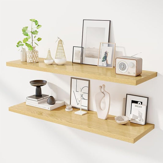 48" Floating Shelves for Wall, 12" Deep Slim Oak Floating Shelves, Wall-Mounted Shelves for Bedroom, Living Room, Kitchen, Bathroom - Set of 2