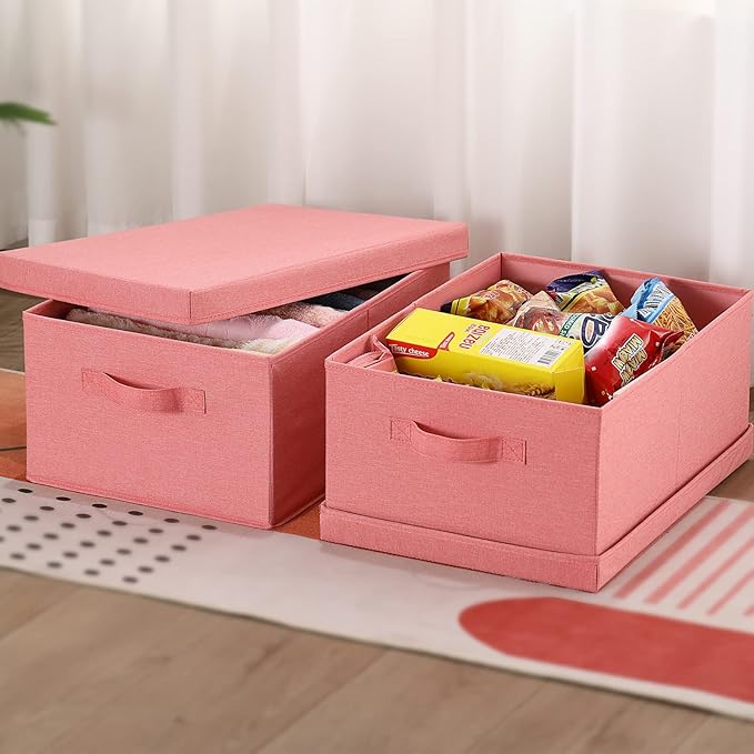 HOONEX Linen Foldable Storage Bins with Lids, 2 Pack, Storage Boxes with Carrying Handles and Sturdy Heavy Cardboard, 16.5" L x 11.8" W x 7.5" H for Shoes, Books, Clothes, Nursery, Pink