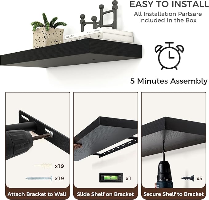 Floating Shelves - 2 Large Wall Mounted Shelves with Invisible Brackets, Long Wood Floating Wall Shelf for Living Room, Bedroom, Kitchen (Black, 36" W x 9" D x 1.5" H)