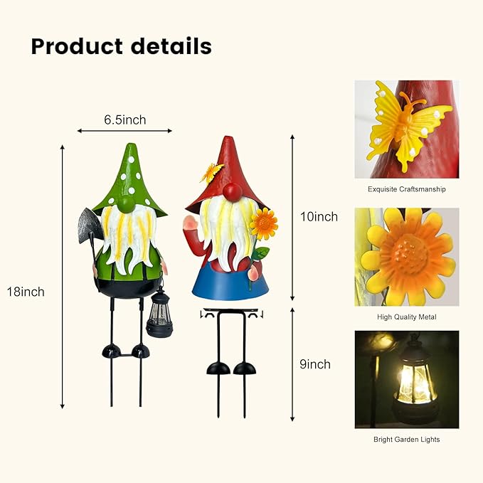 HONGLAND Solar Metal Gnome Yard Art -18 Inch Garden Gnomes Statues Outdoor Decor with Solar Lantern Lights -3D Outdoor Figurines for Patio Yard Lawn Porch Ornament Gardening Gifts