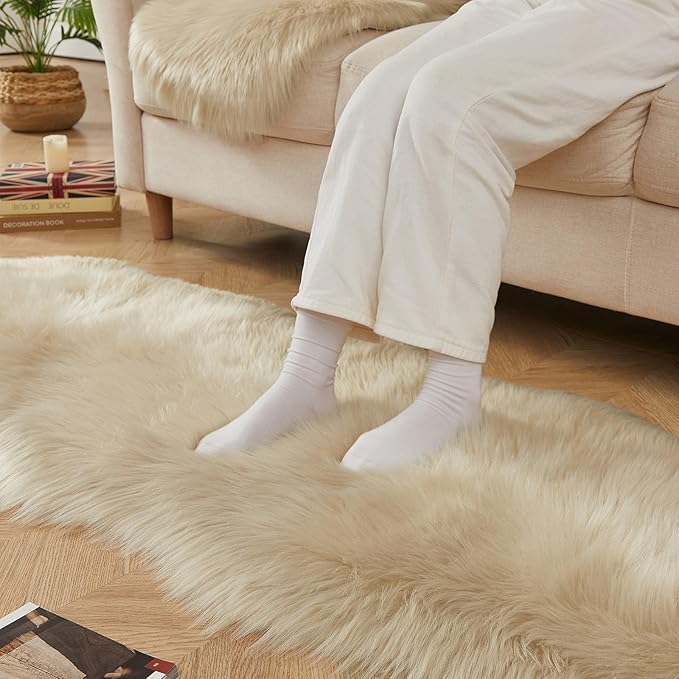 AMTOVO Faux Sheepskin Rug, Beige Ultra Soft Fluffy Shag Area Rug, 2 x 6 ft Faux Fur Rug for Bedroom Sofa Throw Cushion Room Decor, Sheepskin