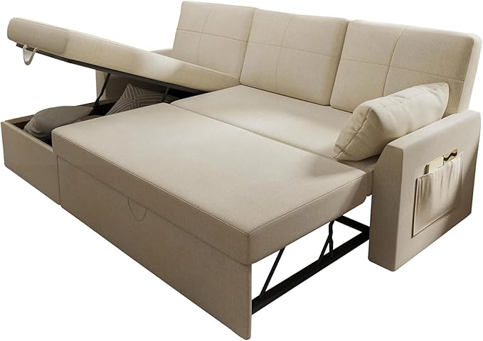 VanAcc Sleeper Sofa, Sofa Bed- 2 in 1 Pull Out Couch Bed with Storage Chaise for Living Room, Comfy Sleeper Couch, Beige Chenille