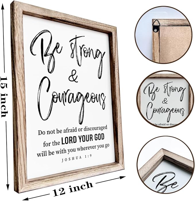 Inspirational Wood Signs, Christian Wooden Wall Plaque, Religious Home Decor, Bible Verse Decor Art, Framed Wall Plaque Sign 15 * 11.5 inches, Be Strong and Courageous Sign