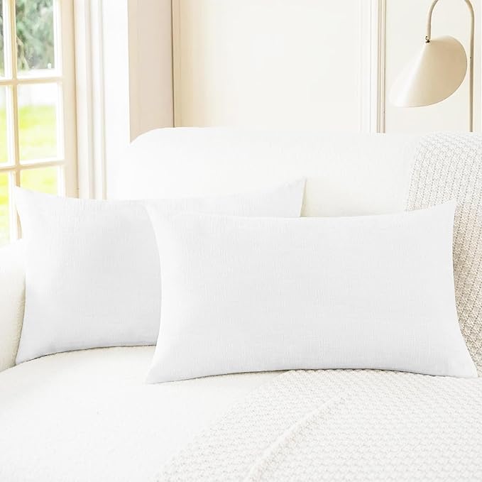 CaliTime Throw Pillow Covers Decorative 12 X 20 Inches Pack of 2 Cozy Chenille Cushion Cases for Couch Sofa Bed Living Room Home True White