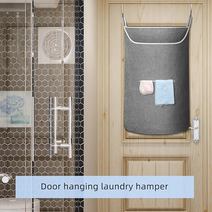 X-Large Hanging Laundry Hamper Bag, Door Hanging Hamper with Front Pocket Dirty Clothes Hanging Laundry Bag Large Size 35X22 inch Door Laundry Basket (Grey)