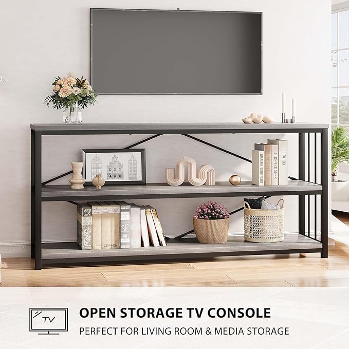 LVB Extra Long 3-Tier Sofa Table, Industrial Console Table with Storage Shelf, Modern Rustic Wood Metal Narrow Entryway Table, Skinny Behind Couch Table for Foyer Living Room Bedroom, Light Grey, 70In