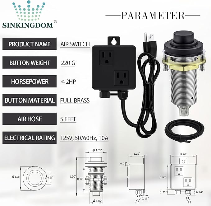SinkTop Air Switch Kit (Long Full Brass Button) for Disposal, Dual Outlet, (Matte Black)