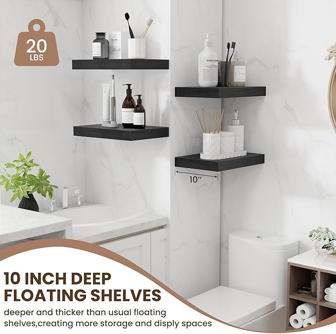 Fun Memories Black Floating Shelves for Wall - 10 x 16 Floating Shelf - Rustic Wood Storage Shelf - Wall Shelves with Invisible Bracket - 16" Bookshelves for Living Room & Bedroom - Black - Set of 2