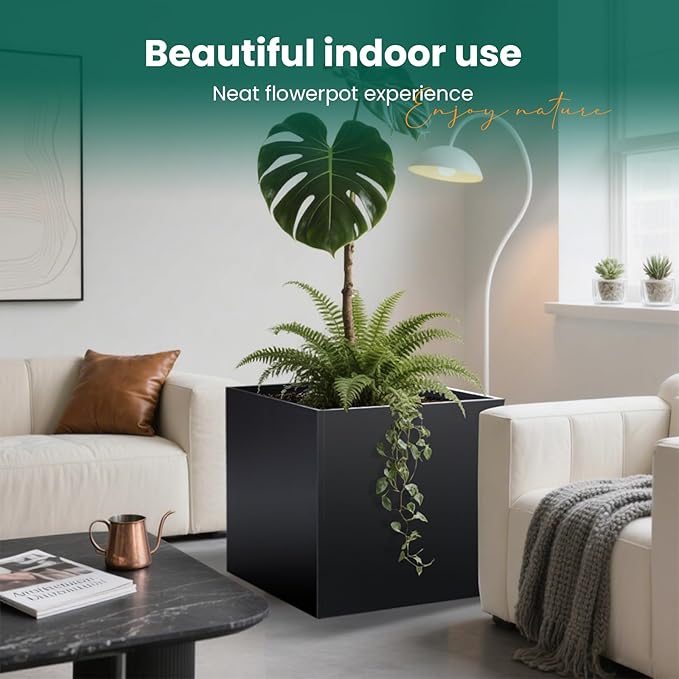 Galvanized Steel Planter Box Black Metal Planter Large Square Indoor Outdoor Planters Cube Steel Heavy Duty Flower Pot 26Inch Powder Coating Modern Commercial Residential for Patio, Deck, Yard, Garden