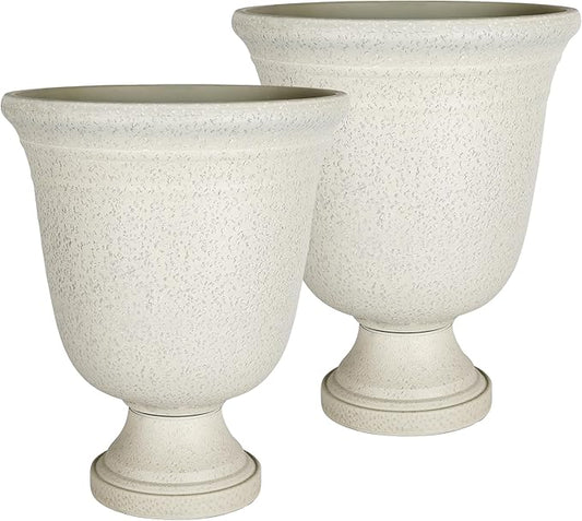 Worth Garden 2-Pack 19.5" H Plastic Urn Planters, Grayish White Large Lightweight Imitation Stone Textured Decorative Flower Plant Pots with Drainage Hole for Indoor Outdoor Patio Front Porch