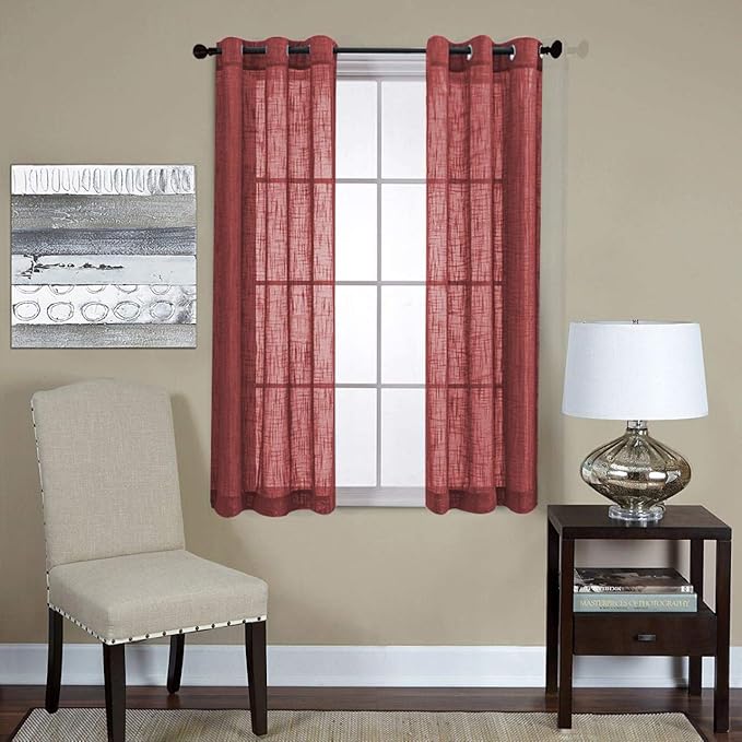 MIUCO Semi Sheer Curtains Poly Linen Textured Solid Grommet Curtains 63 Inches Long for Living Room 2 Panels (2 x 37 Wide x 63" Long) Burgundy