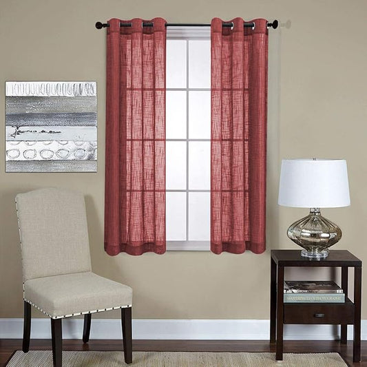 MIUCO Semi Sheer Curtains Poly Linen Textured Solid Grommet Curtains 63 Inches Long for Living Room 2 Panels (2 x 37 Wide x 63" Long) Burgundy
