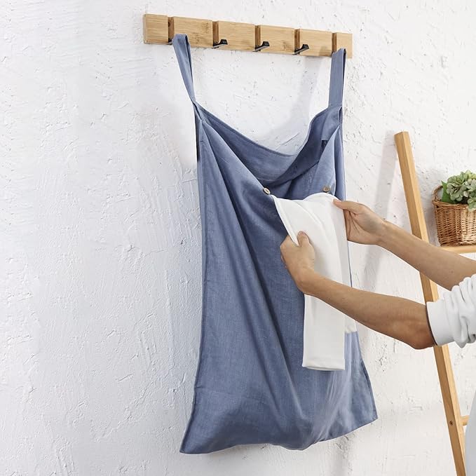 Linen Hanging Laundry Bag, 100% Linen Over The Door Laundry Hamper with Buttons and Zipper, Space Saving Door Hampers for Laundry Dirty Clothes Home Travel, Blue