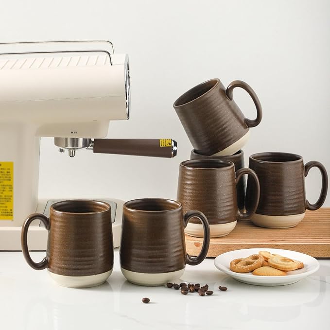 Hasense Porcelain Coffee Mugs Set of 6, 15 Ounce Large Ceramic Coffee Cups Set with Handle for Latte, Tea, Cocoa and Hot Chocolate, Brown Coffee Mugs for Men and Women, Microwave Safe
