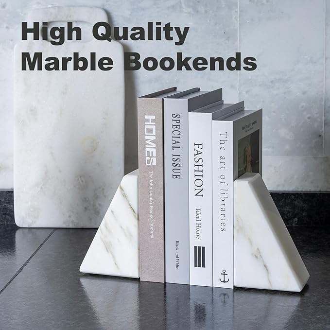 Marble Book Ends White, Heavy Duty Book Ends for Shelves, Decorative Natural Book Stopper，Unique Decorative Bookend for Home Shelves Calacatta Natural Marble Bookend, Set of 2