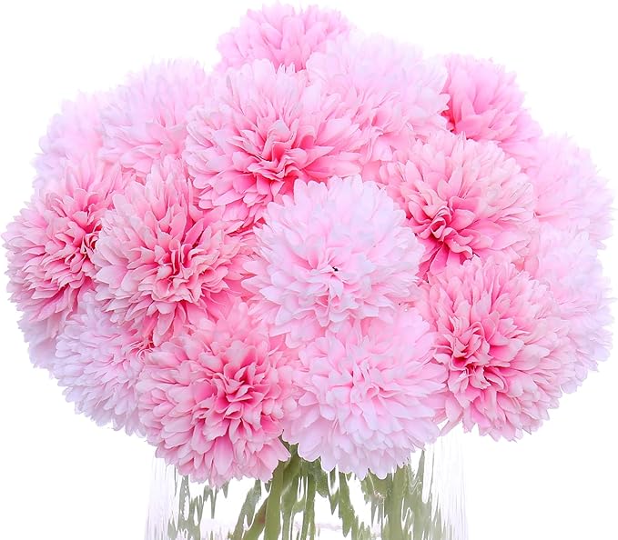 Kimura's Cabin 20Pcs Fake Mums Flowers Artificial Silk Ball Flower Faux Chrysanthemum Wedding Arrangements Bouquets Home Garden Table Centerpieces (Pink Light Pink)