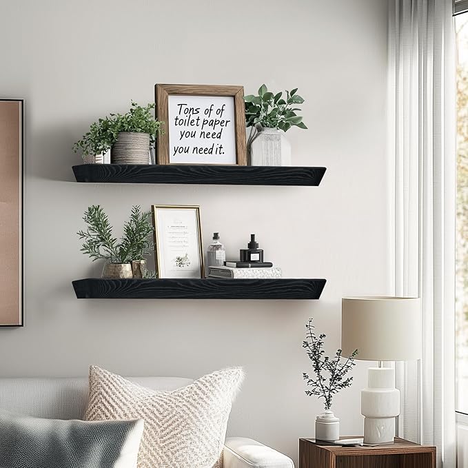 24"x6.8"x1.6" Slanted Floating Wall Shelves 2-Pack - Rustic Black Finish, Heavy-Duty Solid Wood Design with Hidden Brackets - Perfect for Living Room, Kitchen, Bathroom, or Office