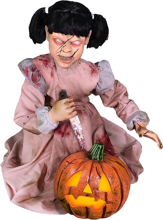 Haunted Hill Farm Lunging Pumpkin Carver Zombie Girl by Tekky, Motion-Activated Talking Halloween Animatronic for Indoor or Covered Outdoor Creepy Halloween Decorations, Plug-in or Battery Operated