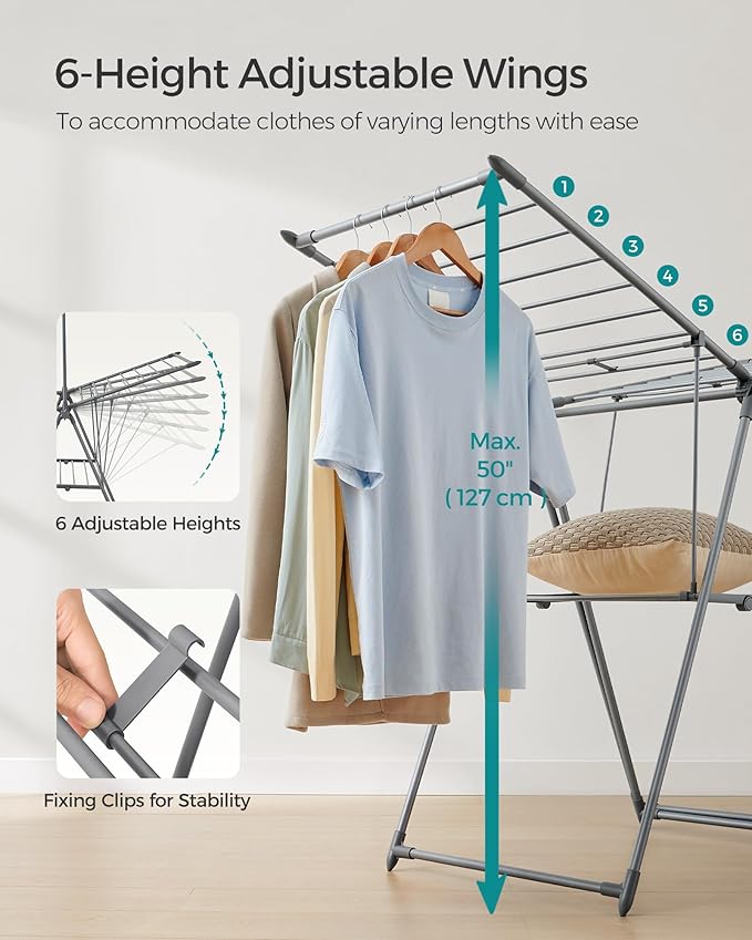 SONGMICS Clothes Drying Rack, Foldable 2-Level Laundry Drying Rack, Free-Standing Airer, 1 Additional Tall Hanging Bar, 2 Height-Adjustable Wings, 24 Drying Rails, Space Savng, Gray ULLR521G01