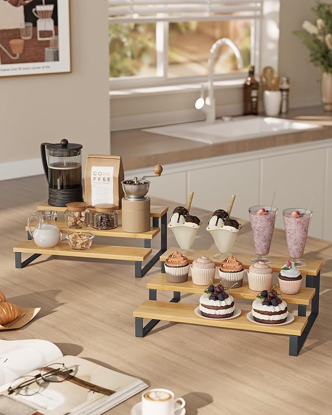 SONGMICS Display Risers, Set of 2 Engineered Wood Perfume Organizer Stand, 3-Tier Cupcake Stand Holder, Spice Rack, Shelf Risers for Figures, Dessert Shelves, Natural Beige and Ink Black UKCS016N01