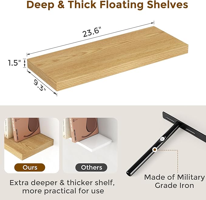 24 x 9 Floating Shelves, 9 Inch Deep Floating Shelf Wall Mounted, 24 Inch Bathroom Shelves Set of 2, Rustic Wood Wall Shelf for Bedroom, Living Room, Oak Color