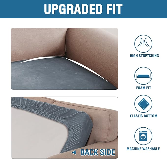 H.VERSAILTEX Velvet Stretch Individual Couch Cushion Cover Plush Cushion Slipcover for Loveseat Sofa Cushion Furniture Protector Seat Cushion Sofa Cover (1 Piece Sofa Cushion Cover, Stone Blue)