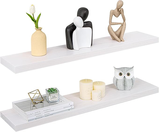 Floating Shelves 36 Inches Long - 8 Inch Deep Rustic Premium Solid Pine Wood for Storage - Farmhouse Wall Mounted for Living Room - Heavy-Duty Metal Bracket - 36" W x 8" D - Set of 2 - White Color
