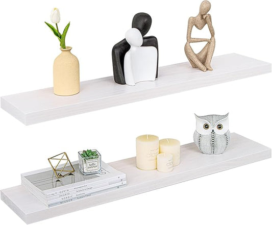 Floating Shelves 36 Inches Long - 8 Inch Deep Rustic Premium Solid Pine Wood for Storage - Farmhouse Wall Mounted for Living Room - Heavy-Duty Metal Bracket - 36" W x 8" D - Set of 2 - White Color