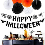 Orange Black Happy-Halloween Party Decorations - 13PCS Spider Web Bats Streamers Banner ,Paper Flowers Lanterns Tissue Pom Poms Fans, Classroom Birthday Bachelorette Hanging Supplies Decor Hugfond