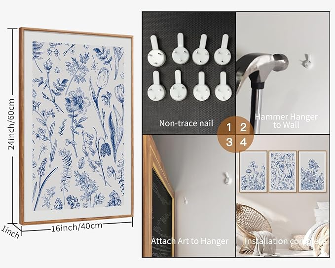 SIGNINART Classic Chinoiserie Framed Canvas Wall Art Set, Blue and White Floral Art Painting, Minimalist Botanical Flower Artwork, Navy Blue Wall Decor for Bedroom, Living Room, Office 16"x24"x3