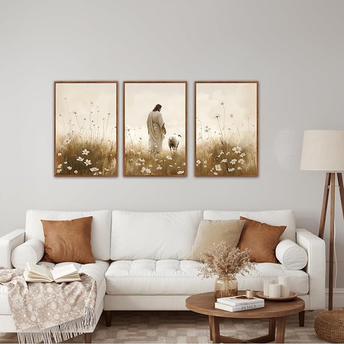 KAIRNE Jesus Framed Canvas Wall Art,Lost Sheep Wall Decor Set of 3(16”X24”),Holy Christian Art Print,Religious Scripture Pictures,Bible Renaissance Wall Painting for Living Room,Bedroom,Church Decor