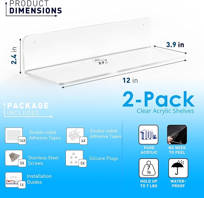 OAPRIRE Clear Acrylic Floating Shelves Set of 2 - Easily Expand Wall Space - 12 Inch Small Wall Shelf with Strong Adhesive for Bathroom, Bedroom, etc
