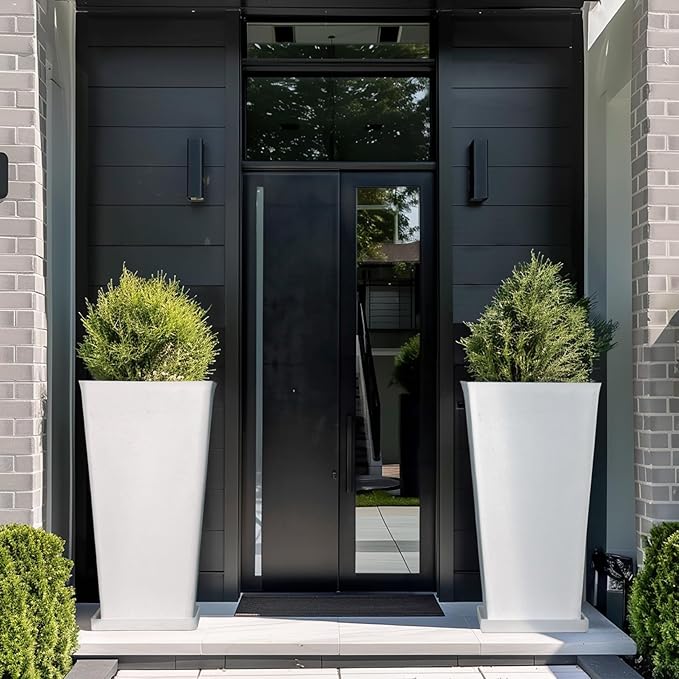 LA Jolie Muse 30 inch Tall White Planters Set of 2,Indoor/Outdoor Rectanglar Large Planters,V Shaped Taper Planters for Front Door.