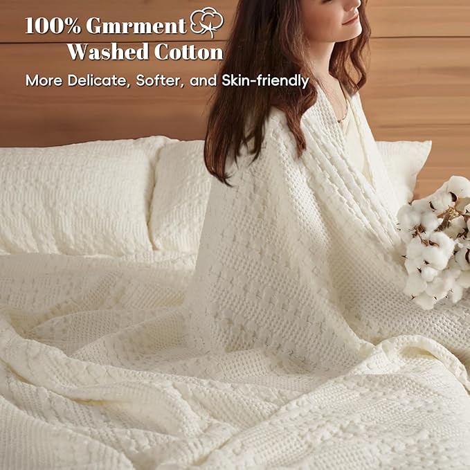 PHF 100% Cotton Waffle Weave Blanket Twin Size, Soft Lightweight Breathable Cozy Summer Blankets for Bed, Luxury Aesthetic Woven Bedding for Home Decor, 66"x90", Ivory