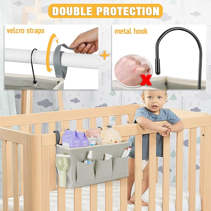 Bedside Storage Organizer with Fixed Straps and Water Bottle Holder for Home, College, Dorm, Bunk / Hospital Bed, Crib Bed Rails (Grey)