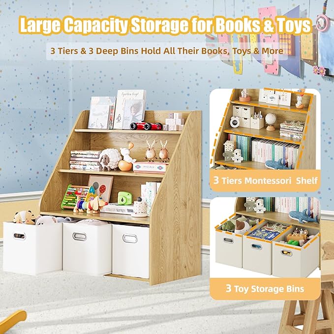Kids Bookshelf and Toy Organizer, 3-Tier Toy Storage Organizer with 3 Movable Drawers, Montessori Toy Shelf, Nursery Book Shelves Toddler Bookshelf for Kids Room Living Room Nursery