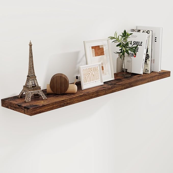 Floating Shelves 55 Inch Long, 55"W x 9"D Wall Shelf Invisible Bracket, 9 Inch Deep Floating Shelf for Wall, Rustic Wooden Shelves for Living Room, Kitchem, Bedroom, Rustic Brown Color, Set of 1