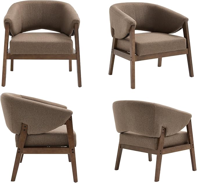 Mid-Century Modern Accent Chair, Comfy Barrel Armchair with Wide Seat, Upholstered Lounge Chair with Walnut Wood Legs for Living Room/Bedroom/Reading Corner, Linen Fabric, Brown, 1PC