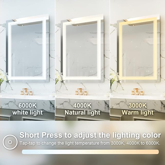 WELLFOR LED Bathroom Vanity Mirror 24 x 36 Inch, Lighted Anti-Fog Dimmable Mirror, IP44 Waterproof Wall Mounted Makeup Mirror, Packed with US Standard Plug and Touch Switch, (Horizontal/Vertical)