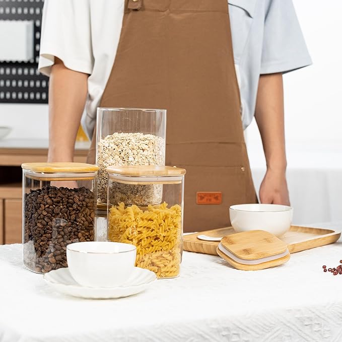 41oz Airtight Glass Square Storage Canister with Bamboo Lid Set of 4 (1200ml) Container Stackable Jar, Kitchen Canister for Pantry Noodles, Flour and Coffee beans (‎with Black Lable)