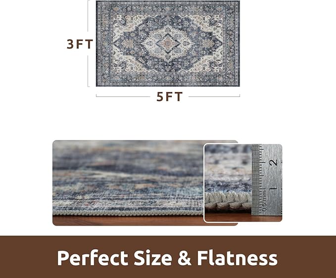 AMOAMI-3X5 Area Rug-Soft Washable Vintage Throw Accent Rugs for Living Room, Entryway, Bedroom, Kitchen, Bathroom, Laundry Room, Kitchen, Bathroom, Bedside, No Slip Blue