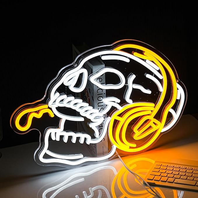 Skull Headphone Neon Sign Headphone Neon Light for Wall Decor LED Dimmable USB Skull Light Up Sign for Halloween Party Game Room Personalized Gifts(12.6 * 16.5In)