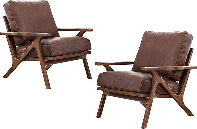 chairus Leather Accent Chairs Mid Century Modern Armchairs Compfy Upholstered Lounge Sofa Chairs for Living Room Fireplace/Bedroom/Reception/Dorm, Set of 2, PU Brown