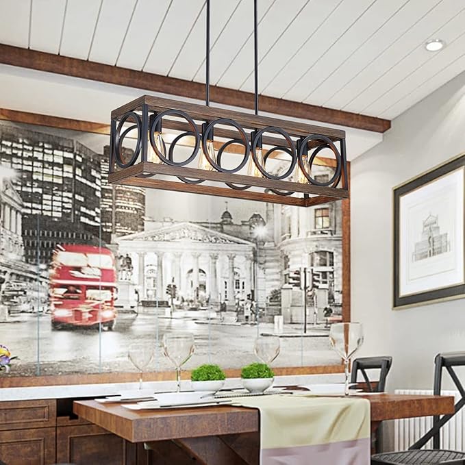 XINGQI Black Kitchen Island Light Fixtures, Farmhouse Dining Room Chandelier Rectangular Linear Chandeliers Pendant Ceiling Light Fixture for Bar Office Coffee Shop 4-Light Wood Grain