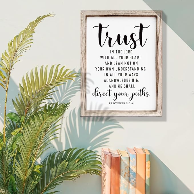 Christian Wall Signs, Rustic Home Decor, Church Room Decoration, Proverbs 3:5-6 Sign, Framed Wall Plaque Sign 15 * 11.5 inches, Trust in the Lord with All Thine Heart