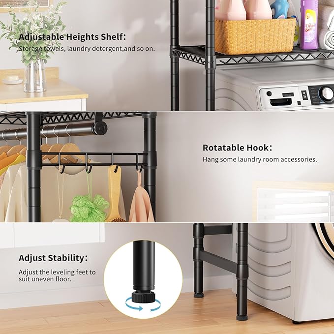 Over Washer and Dryer Shelves,2 Tier Adjustable Height Wire Shelving Laundry Room Storage Organization Clothes Drying Rack with Hanger Rod&Hooks,Space Saving Organizers Shelf,Black